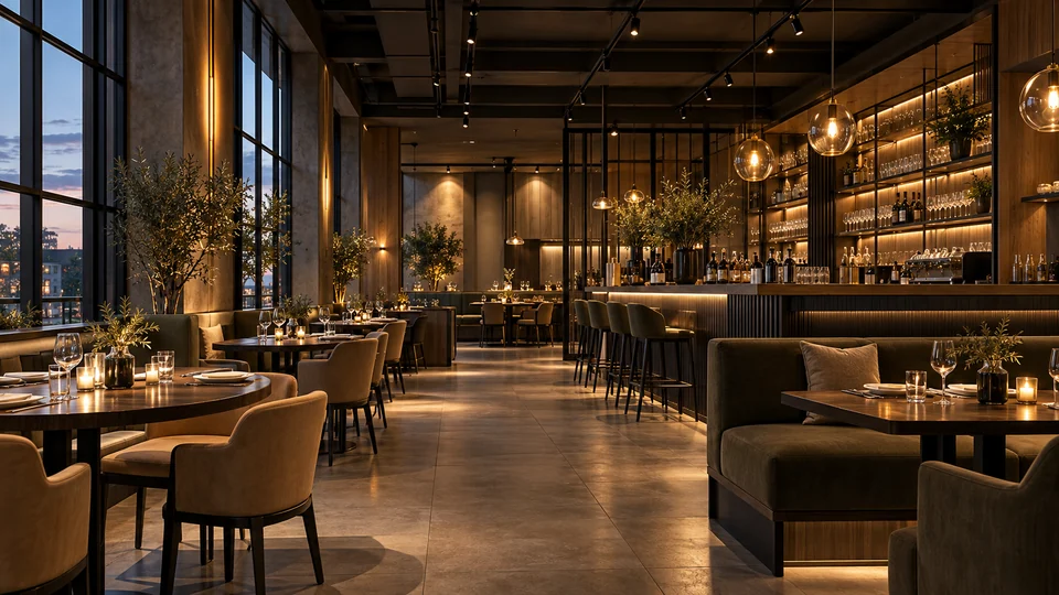 Bistro mit maßgefertigter Bar und warmer Beleuchtung